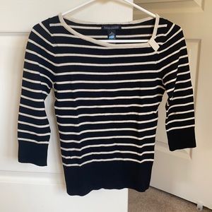 Scoop neck 3/4 sleeve black and cream stripe sweater.